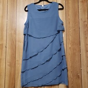 Duefe Dress Women Lg Blue Shift Midi Ruffle Sleeveless Round Neck Solid